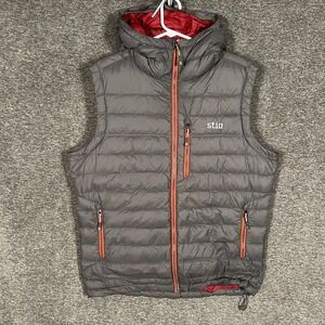 Stio Hometown Down Hooded Vest Mens Medium Gray Puffer Quilted Full Zip Pertex